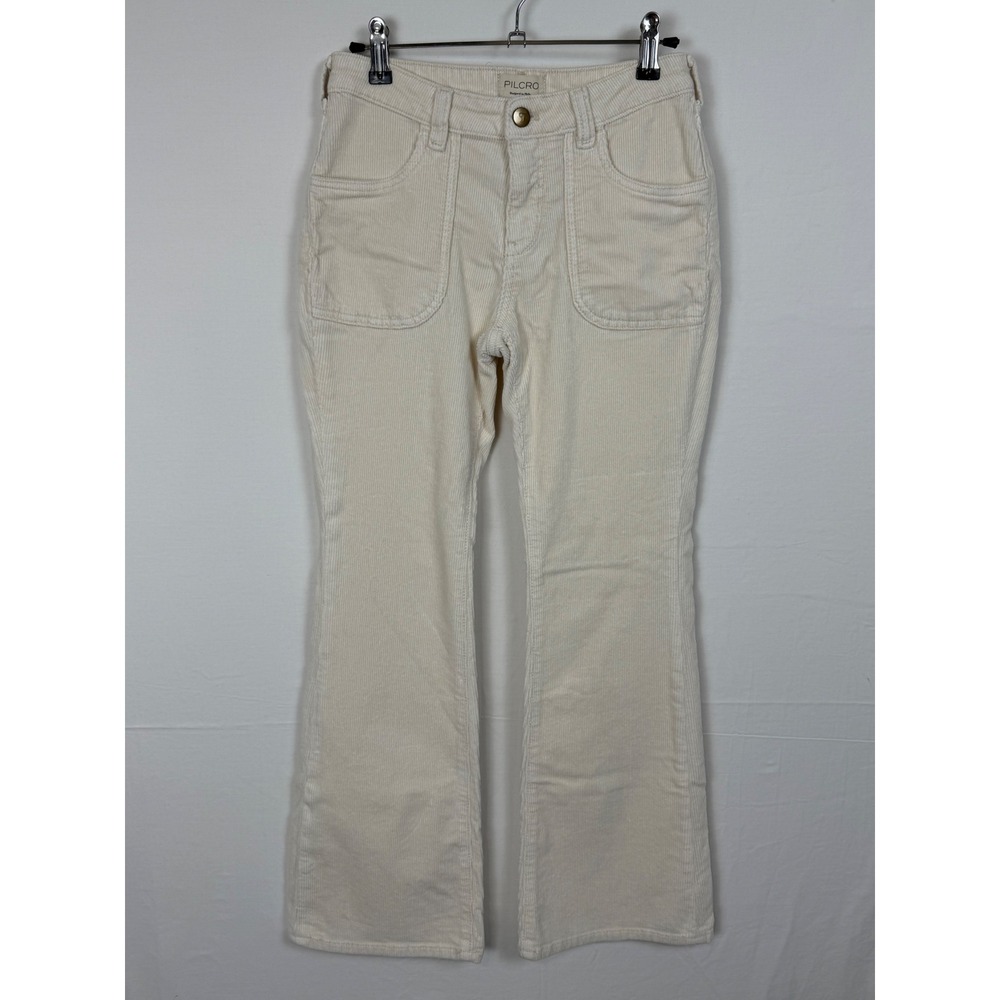 Pilcro Women Cotton Corduroy Pants 26P Ivory Flare Patch Pockets